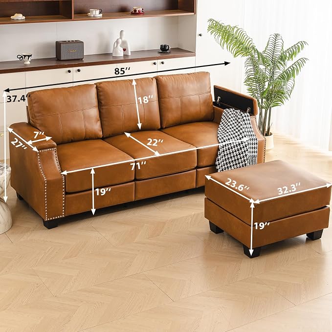 85'' Faux Leather Couch with Armrest Organizer,Sectional Sofa with Storage Movable Ottoman,Solid Wooden Frame,Thick Cushion,3 Seater L Shaped Couches for Living Room,Apartment,Home Furniture,Brown