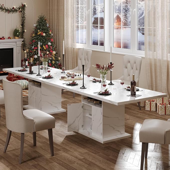 Extendable Dining Room Table for 4-6, 47-63 Inch Faux Marble Extendable Dining Table, Modern Expandable Rectangle Kitchen Dining Table with Storage for Kitchen Living Room