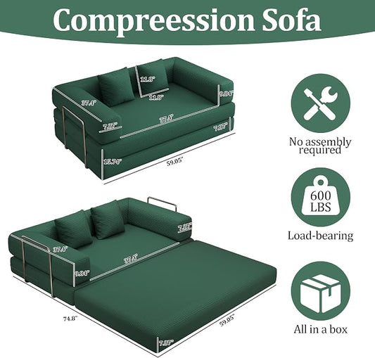 59.0 Inch Convertible Sofa Bed, 4-in-1Futon Sofas Bed Pull Out Sleeper Couch, Modern Deep Seat Sofa for Living Room, Corduroy Boneless Couches for Bedroom, Apartment, No Assembly (Green, 59” 2 Seat)