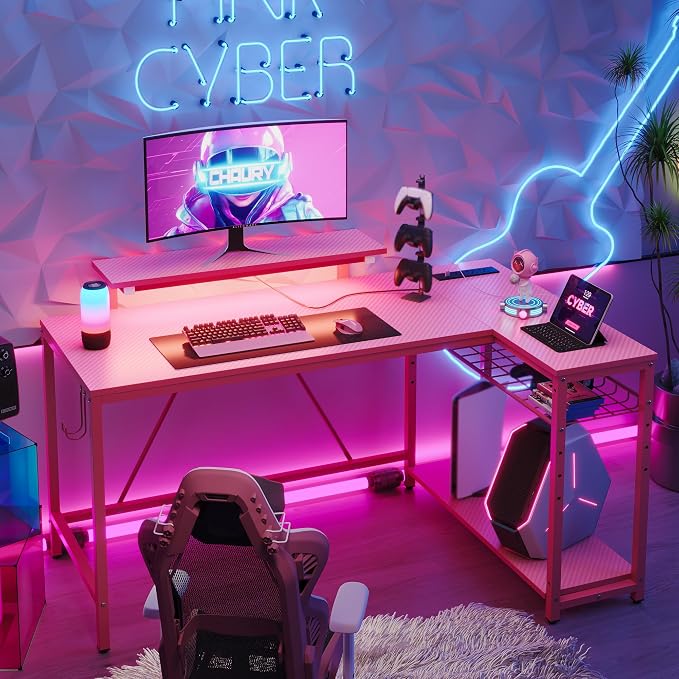 Bestier 52" Gaming Desk with Integrated Power Outlet & USB Ports, L-Shaped Computer Desk with LED Strip & Headphone Hooks, Perfect for Home Office Pink