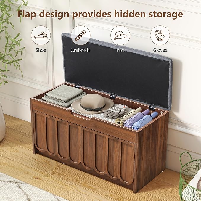ORRD Shoe Storage Bench with Cushion, Entryway Shoe Cabinet Bench with 2 Scalloped Doors & Adjustable Shelf, 2-Tier Shoe Rack Organizer Cabine for Entryway, Hallway, Living Room (Walnut)