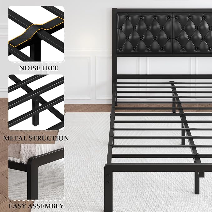 HISOFT Full Bed Frame with Upholstered Button Tufted Headboard, Bed Frame Platform Metal Slats Support, Under Bed Storage, No Box Spring Needed, Noise-Free, Easy Assembly, Black