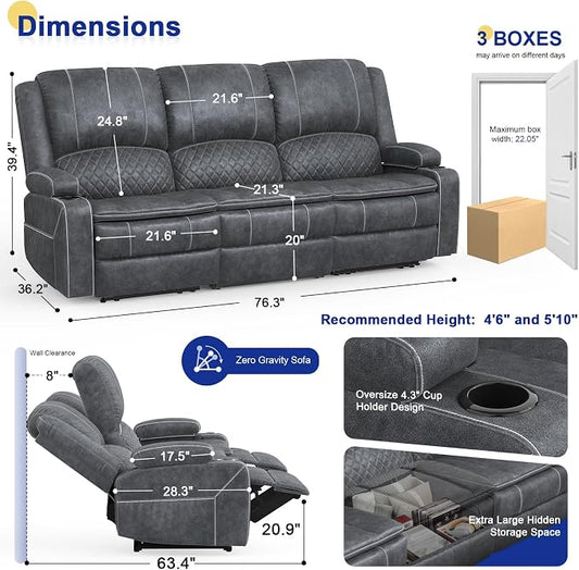 2026 Upgraded Recliner Sofa 3 Seater Couch with Recliner, Home Theater Seating with Liftable Console & Removable Armrest, Manual PU Leather Sofa Reclining with Storage & USB Ports (Velvet,Grey)