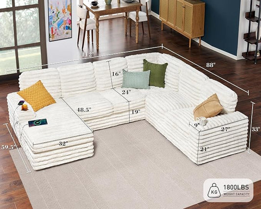 AMERLIFE 112 Inch U Shaped Couch, Oversized Couch with Storage Chaise & Cup Holders, Sectional Sofa with USB & Type-C Charging Ports, Faux Fur White Sofa