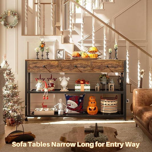 Ecoprsio 47'' Entryway Table with Outlets and USB Ports, Console Table with 3 Drawers, Sofa Table Narrow Long with Storage Shelves for Living Room, Couch, Hallway, Foyer, Kitchen Counter, Rustic Brown