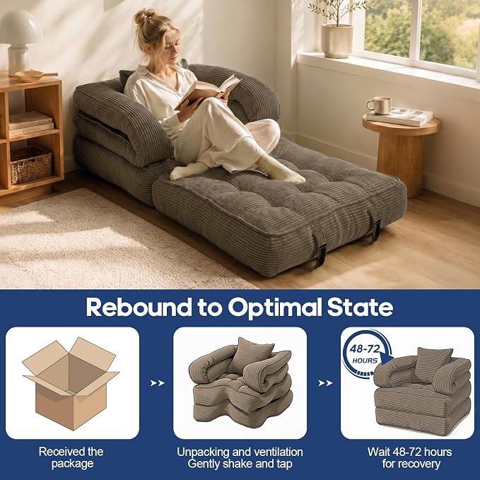 Folding Sofa Bed, Convertible Sleeper Chair with Armrests, Foldable Corduroy Boneless Bed, 3-in-1 Portable Futon Couch Floor Sofa with Pillow for Bedroom, Living Room, Coffee
