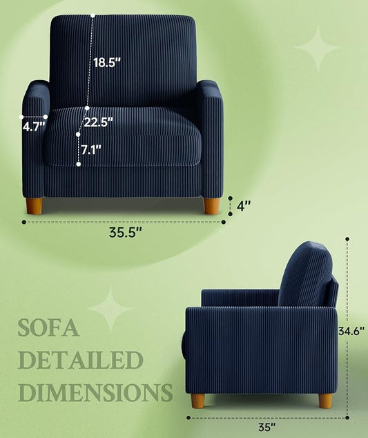 Welzona 35.3" Couches for Living Room, Comfy Blue Couch Single with 22.5" Deeper Seat, Accent Chair Tool-Free Setup, Reading Chair 440lbs Support, Corduroy Couch for Bedroom, Apartment, Office