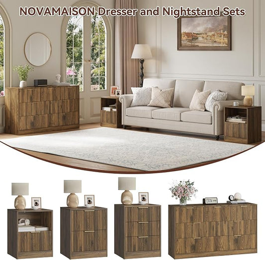 Fluted Dresser & Nightstand Set 3-Piece, 7 Drawer Dressers and Night Stand Set of 2 with Metal Handle, Fluted Mid Century Wood Chest of Drawers Storage Dressers Set for Bedroom, Walnut