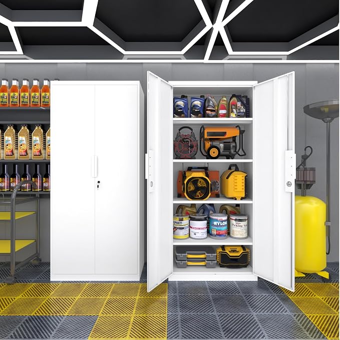 Metal Garage Storage Cabinets with Lock, 72" H White Storage Cabinet with Doors and Adjustable Shelves, Lockable File Cabinet, Steel Tool Cabinets for Home, Office, Garage, Shop, School