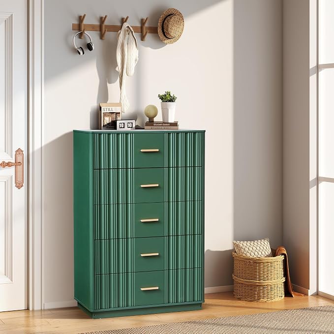 Fluted 5 Drawers Dresser for Bedroom, 47" Tall Modern Chest of Drawers with Metal Handle, Wooden Dresser TV Stand, Wood Closet Clothes Storage Organizer for Living Room, Hallway, Green