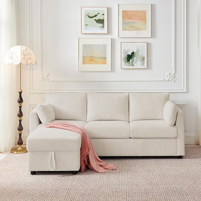 Corduroy Storage Ottoman for Living Room Sofas Couches, Square Ottoman with Storage Space Foot Rest Stool for Apartment, Dorm, Entryway, Cream White
