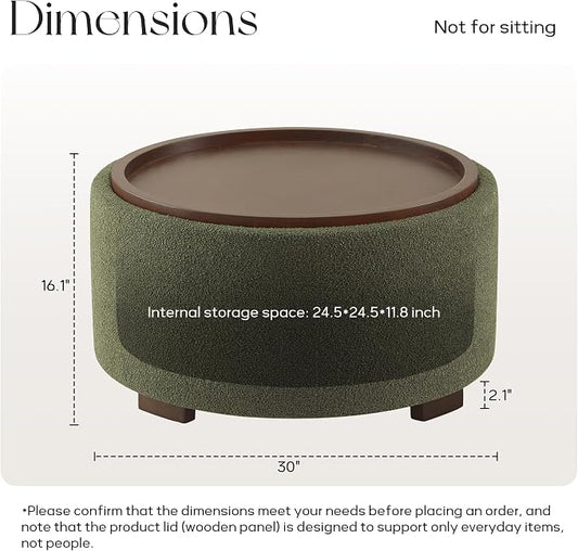 Zihanhome 30 Inch Round Storage Ottoman Coffee Table, Modern Boucle Ottoman with Lift-Off Lid and Solid Wood Legs for Living Room, Bedroom, Corners, Apartments (Green)