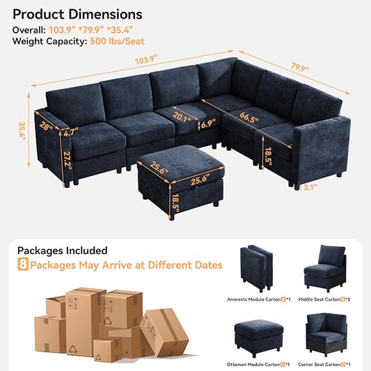 104'' V Shaped Modular Sofa, Sectional Couch with Storage for Living Room, Modern 7 Seater Cloud Sectional Couch with Movable Ottoman, Chenille Navy