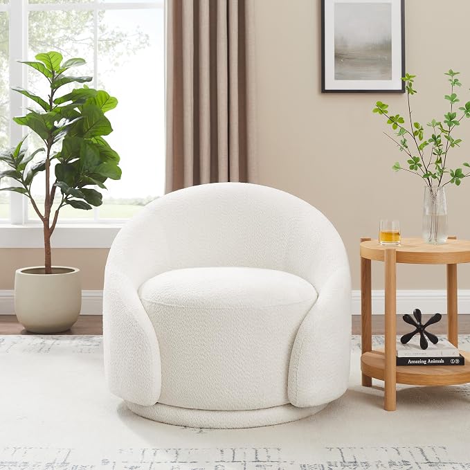 VANOMi Swivel Accent Chairs for Living Room, 34" Swivel Barrel Chair Oversized Armchairs Modern Boucle Reading Chairs for Bedroom, Corner, Apartment, Cream White