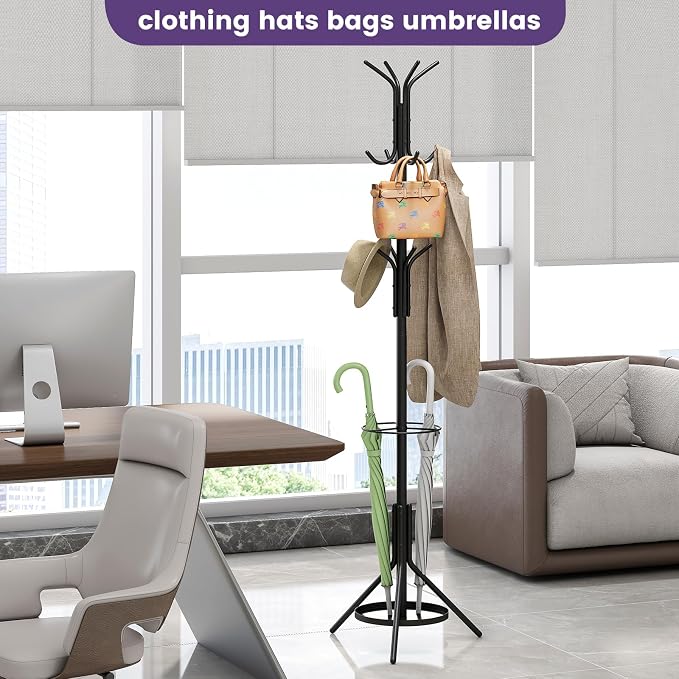 Coat Rack Freestanding,Entryway Hanger Stand,Umbrella Holder,Hall Tree With 12 Hooks, Floor Standing Metal Tree Stand,Black