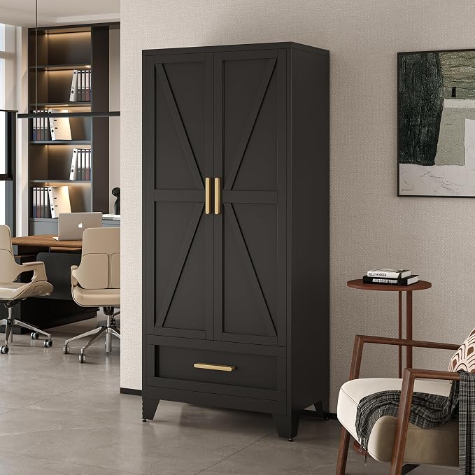 LCAOPC 71" Tall Metal Wardrobe Cabinet with Drawer and Hanging Rod, 2 Doors Armoire Wardrobe Closet with Shelf for Bedroom, Office, Laundry Room, Black