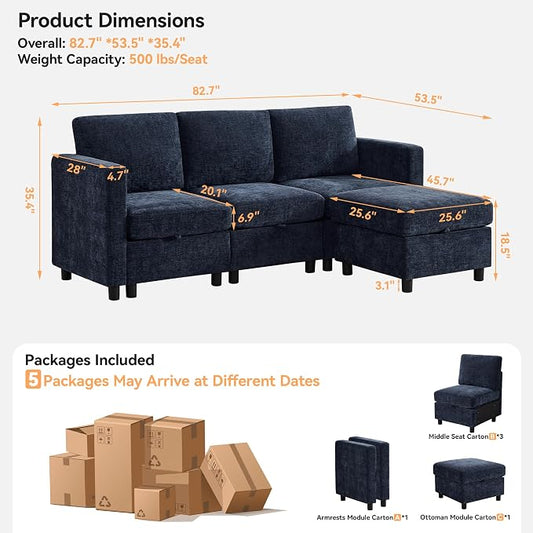WUTUTUEE 83'' Modular Sectional Sofa Convertible L Shaped Couch Set for Living Room, 4 Seat Storage Modular Sofa with Movable Ottoman, Chenille Navy
