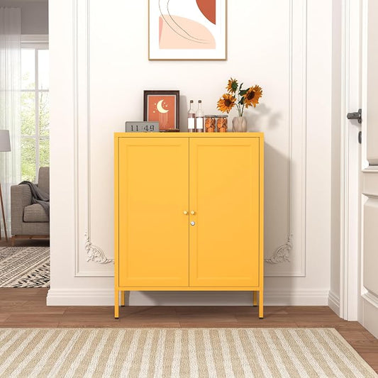 36" H Metal Storage Cabinet with Recessed Door & 2 Adjustable Shelves, Freestanding Metal Sideboard Organizer for Kitchen, Living Room, Entryway, Yellow