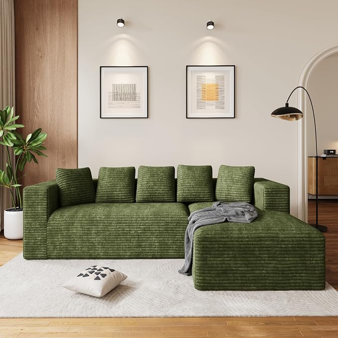 Oversized L Shaped Boneless Sectional Couches for Living Room, 107" Comfy Fluffy Cloud Modular Sectional Sofa, Plush Corduroy Memory Foam Floor Sofa with Right Facing Chaise Couch