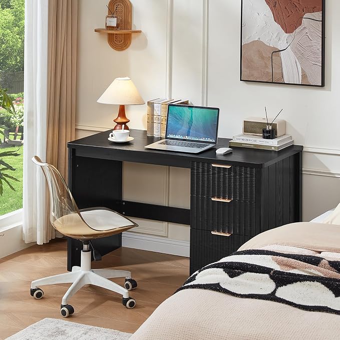 LEYAOYAO Office Desk 48" with 3 Drawers Storage File Cabinet Wood Fluted Desk for Computer Office Bedroom Home Furniture Black