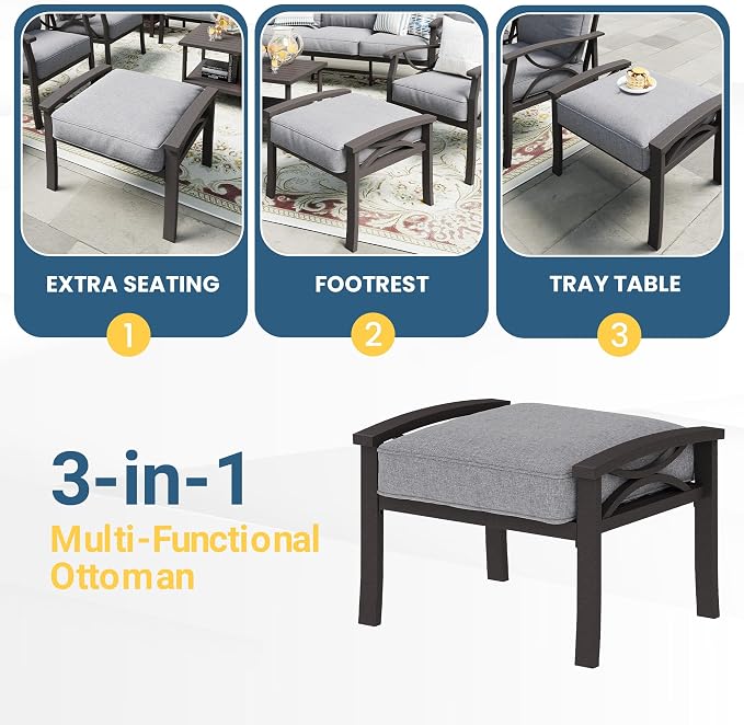 RoyalCraft Outdoor Patio Furniture Set, 7 Seats Outdoor Patio Set with 4" Thick Cushion, All-Weather Metal Patio Sofa with Coffee Table, Outdoor Sectional Furniture for Porch Backyard, Khaki&Grey