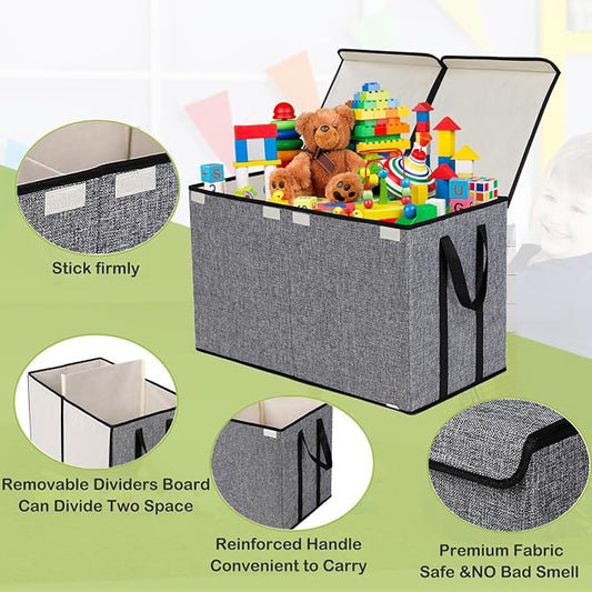 YOLOXO Large Kids Toy Box Chest Storage organizer with Double Flip-Top Lid - Collapsible Sturdy Toy Organizers And Storage Bins With Big Handles For Nursery, Playroom, 26.8"x13.8"x16"(Grey)