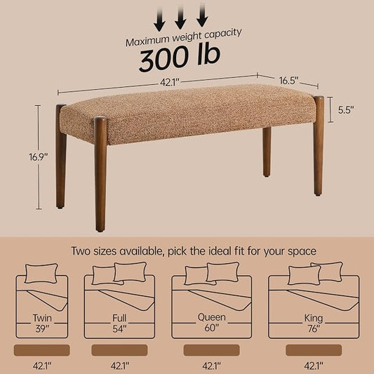 Usaint 42" End of Bed Bench, Modern Upholstered Bedroom Bench with Rubberwood Legs, Entryway Bench with Cushion, Dining Bench for Living Room, Bedroom, Orange with Walnut Leg