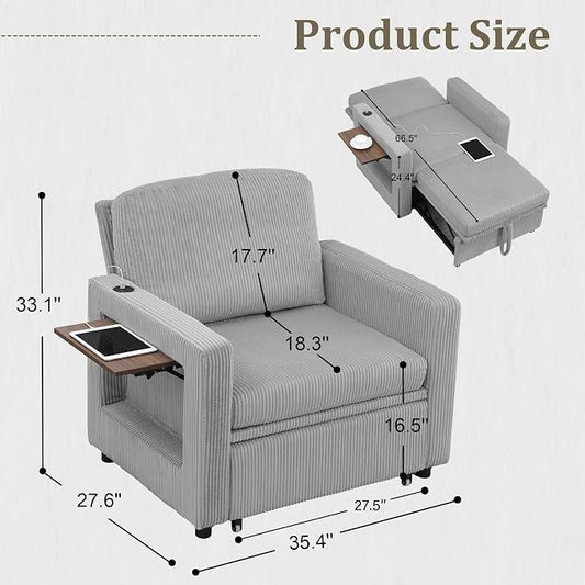 3 in 1 Folding Convertible Sleeper Sofa Bed Pull Out Couch with Side Pockets USB Port Side Table Single Sofa Bed with Adjustable Backrest for Living Room Bedroom 66" LIGHTGREY 1 SEAT