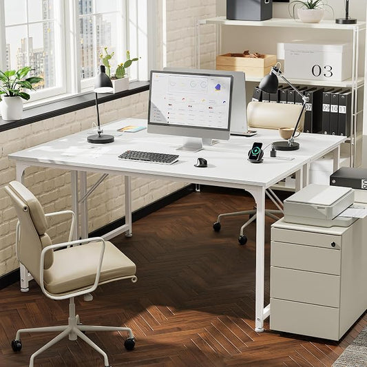 PRAISUN 55 X 20 Inch Office Computer Desk with Power Outlets and USB-C Port, Larger and Longer Gaming Desk, for Home Office, Study, Bedroom, Writing Work from Home Table, Metal Frame, White