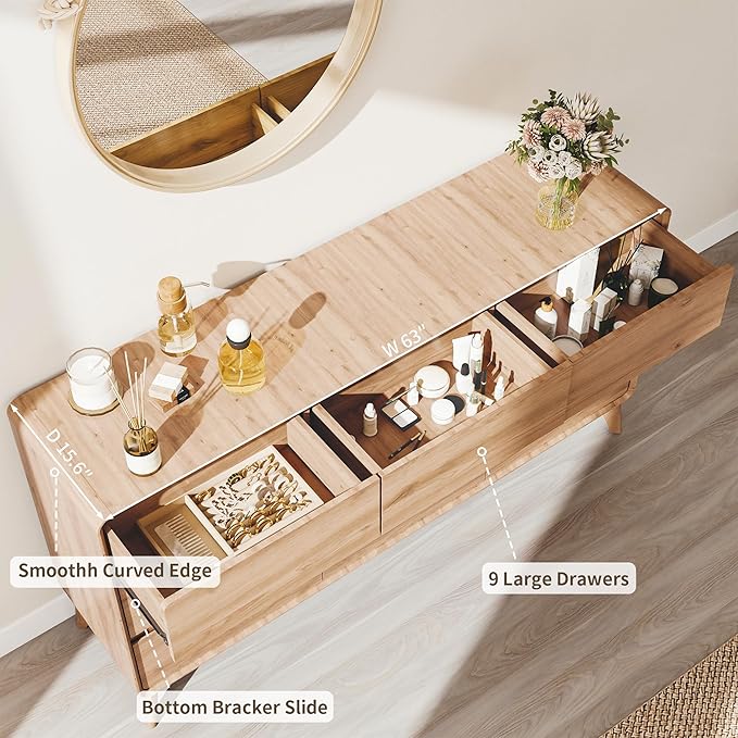 2-Piece Farmhouse Bedroom Dresser Set, Tall 5-Drawer Chest & 9-Drawer Dresser, Handle-Less Design, Rounded Corners, Anti-Tip Safety Furniture, Wooden Bedroom Storage Cabinet, Natural