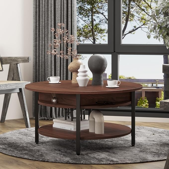 FABATO Round Lift Top Coffee Table with Storage and Hidden Compartment, 26.77'' Farmhouse Coffee Table for Living Room Reception Room, 2 Tier Small Round Coffee Table Circle Dining Table, Espresso