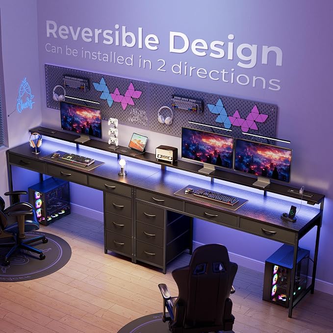 Huuger Gaming Desk with 6 Drawers, Computer Desk with LED Lights Power Outlets and Type-C, 55 Inch Office Desk with Storage, Monitor Stand, Writing Desk Work Desk Home Office, Bedroom, Black, 1CD102B