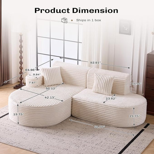 Modern Curved Boneless Sofa Couch, L-Shaped Corner Sofa, Corduroy Upholstered Cloud Sectional Couch for Living Room, Bedroom and Apartment,No Assembly Needed(Beige, Left Hand Facing)