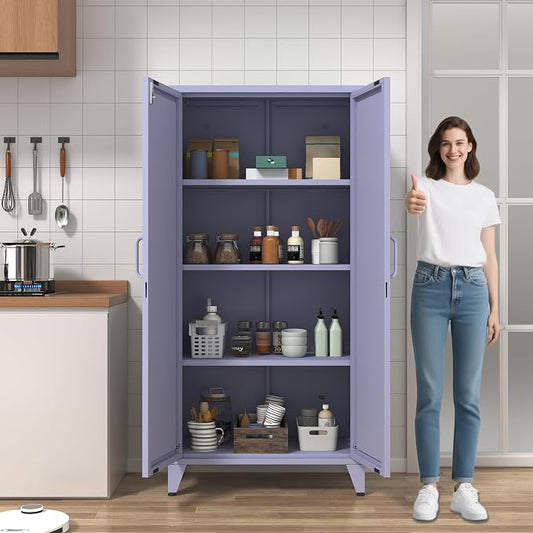 61" Tall Farmhouse Metal Pantry Cabinet with 3 Adjustable Shelves, 4-Tier Storage Organizer, 2-Door Freestanding Storage Cabinets, Easy Assembly, for Kitchen, Entryway, Home Office, Kids Room, Purple
