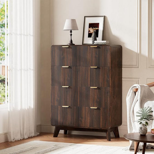 QUW Fluted 5 Drawers Dresser for Bedroom, Modern 40.2" Tall Drawer Dressers with Metal Handle, Wooden Chest of Dresser for Living Room, Hallway, Solid Wood Legs, Curved Profile Design, Dark Walnut