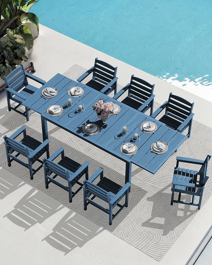 SERWALL HDPE and Aluminum Outdoor Dining Set for 8, Blue | 60" - 83" Expandable Outdoor Dining Table and 8 HDPE Chairs, All Weather Outdoor Furniture Set