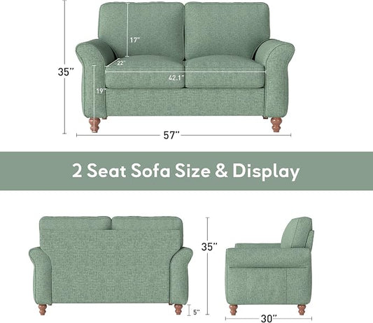 Bonzy Home 57" Loveseat Sofa, 2 Seater Comfy Love Seat Sofa for Living Room, Apartment, Office, Green