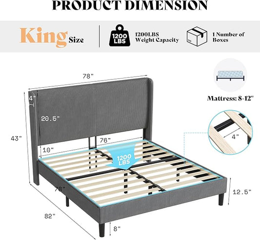 AMERLIFE King Bed Frame, Upholstered Platform Bed with Corduroy Headboard, Easy Assembly Modern Grey Bed Frame with Wooden Slats Support, No Box Spring Needed