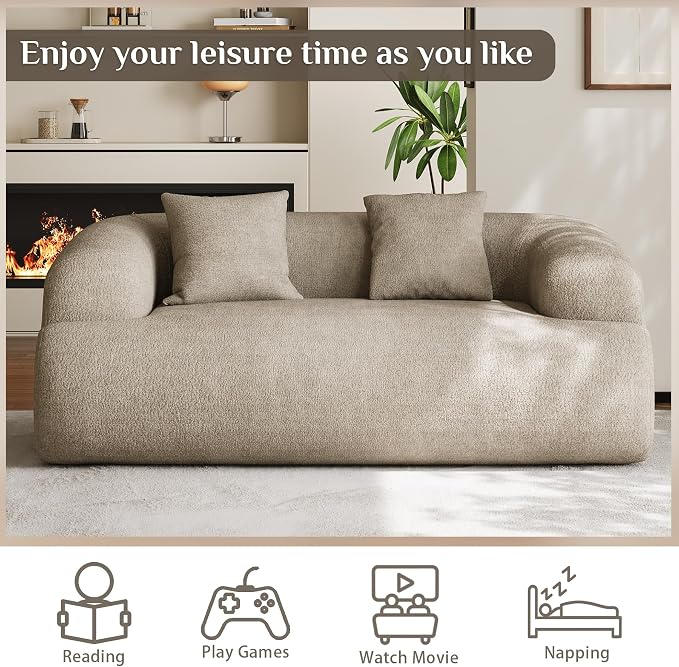Half Moon Curved Sectional Sofa with 2 Throw Pillows, Modern Style 2-Seater Chenille Leisure Couch with Curved Backrest, Easy Assembly, for Apartment, Living Room, Bedroom, Light Brown(76 inch)