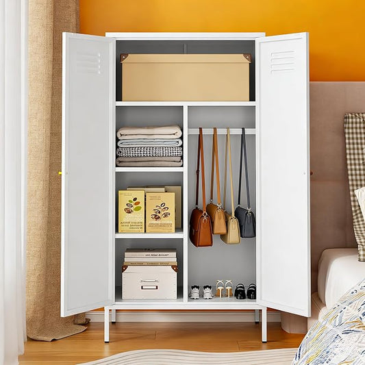 2 Door Metal Cabinet with Hanging Rod and 2 Freely Adjustable Shelves,Storage Locker Cabinet Closet for Home,Office,Garage (Storage Cabinet, White)