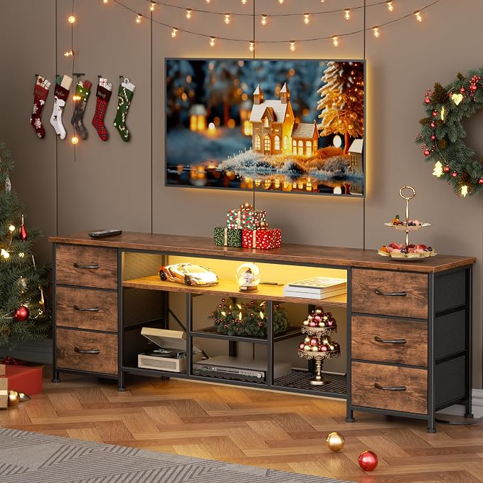 Furologee LED TV Stand for 65, 75, 80 Inch TV, 71 Inch Entertainment Center with Power Outlets, 6 Fabric Drawers Dresser for Bedroom, Media Console with Open Shelves, Rustic Brown