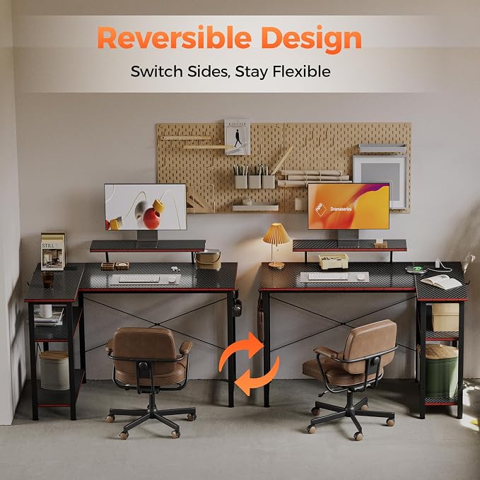 Mericonia Small L Shaped Computer Desk with Power Outlets, Reversible Gaming Desk with Storage Shelves & Monitor Stand, Corner Gamer Desk Table, Study Writing Table