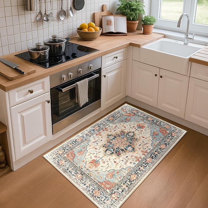 RELEANY Area Rugs Small 2'x3' Washable Non-Slip, Floral Vintage Distress Medallion Carpet for Kitchen Entryway Bathroom, Beige Navy Blue Orange Colorful
