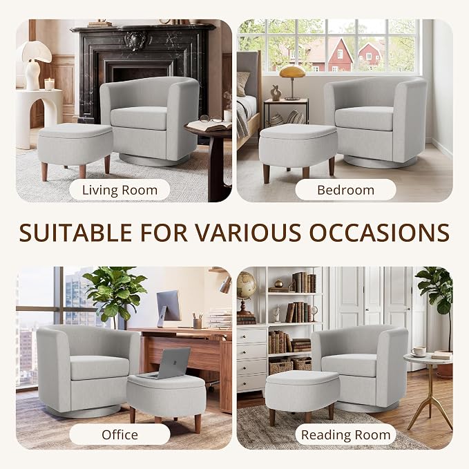 Swivel Accent Chair with Storage Ottoman Set of 2, Small Modern Velvet Barrel Chair, Upholstered Armchair with Footrest for Living Room/Reading/Bedroom, 24.8'' D x 25.38'' W x 25.6'' H, White