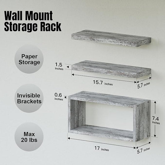 RICHER HOUSE Floating Shelves Set of 3, Farmhouse Bathroom Wall Mounted Shelves with Invisible Brackets Over Toilet, Wall Shelves for Bathroom Bedroom, Living Room, Kitchen - Rustic White