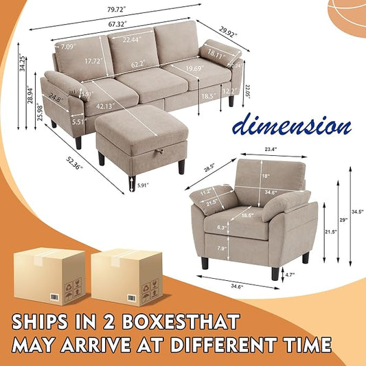 3 Piece Convertible Sectional Sofa Set, Modern Linen Small L Shaped Couch with Reversible Ottoman and Accent Chair, 3-Seat Sofa Couches for Living Room, Office, Apartment, Beige