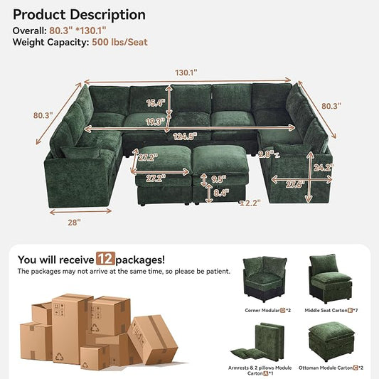 130" Green Oversized Modular Storage Sofa, U Shaped Chenille Cloud Couch | Oversized Convertible Sectional Sofa, 9-Seat Sectional Couch With 2 Ottomans, Large Cloud Couch For Living Room, Apartment.