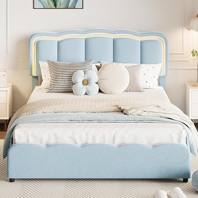 Garvee Full Size Bed Frame with 2 Storage Drawers and LED Lights, Upholstered Platform Full Bed with Adjustable Headboard, Wooden Slats Support, No Box Spring Needed, Easy Assembly, Blue