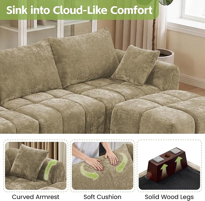 82" Loveseat Cloud Couch, Brown Chenille Modern Upholstered 2-Seater Sofa with Tufted Deep Seat & Wood Legs, Comfy Small Love Seat Couch for Living Room Apartment