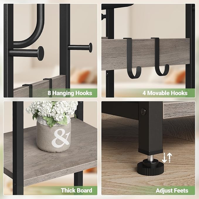 ELYKEN Coat Rack Freestanding, Hall Tree with 3 Storage Shelves and 12 Hooks, Industrial Clothes Rack Stand Organizer for Bedroom, Hallway, Entryway, Office, Living Room, Greige